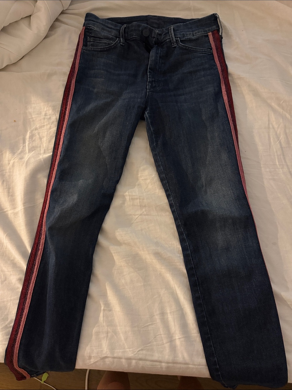MOTHER Slim Straight Dark Blue Jeans with Red/Pink shimmer Side Stripe